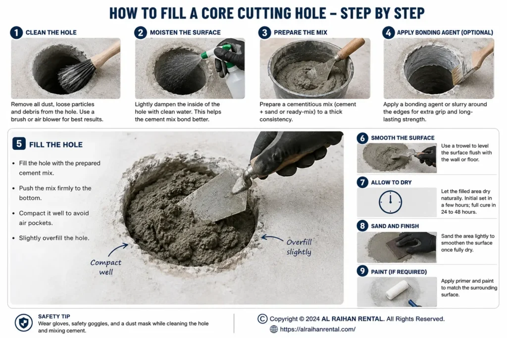 How to fill a core cutting hole step by step